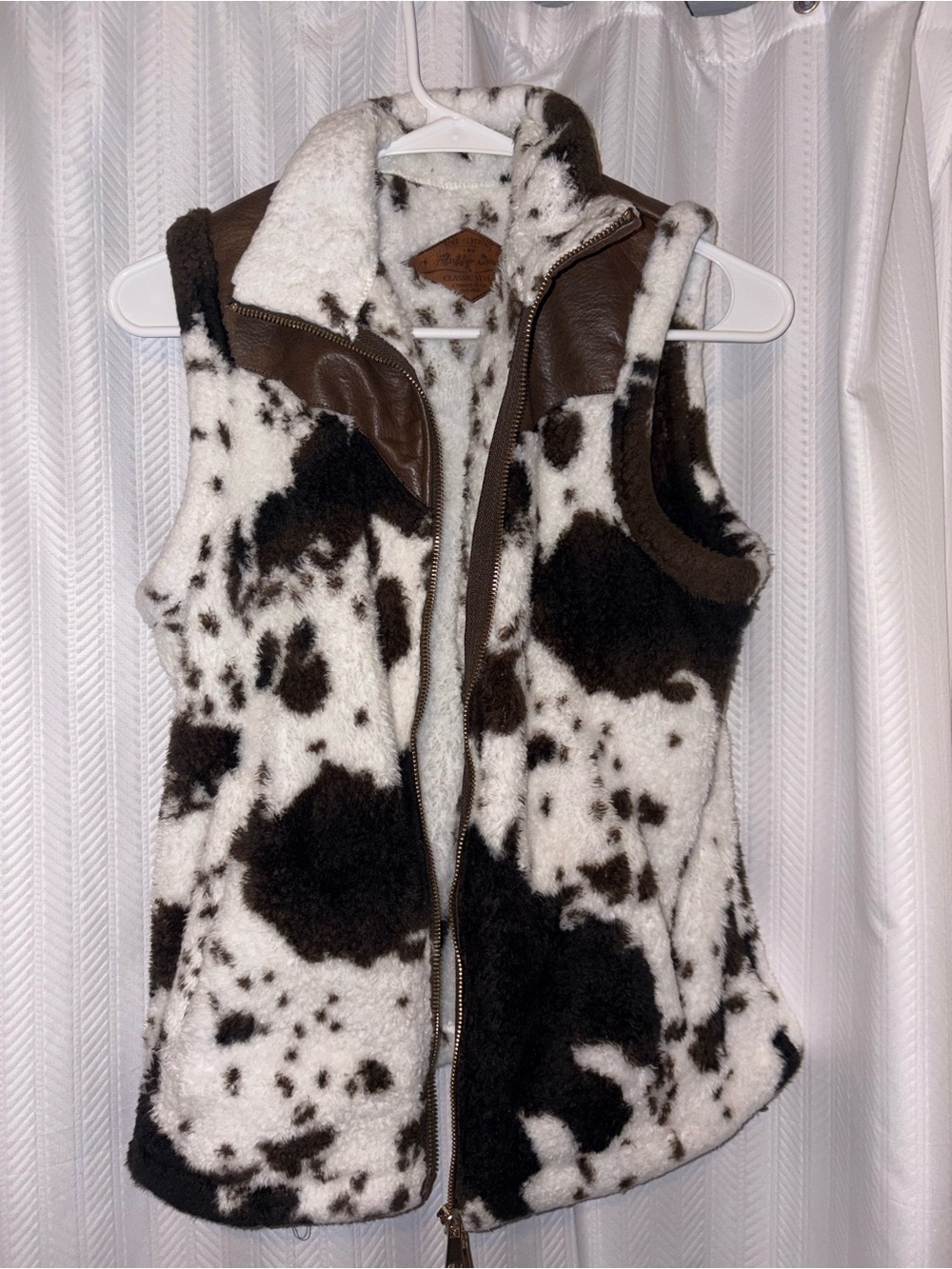 Brown and White Faux Shearling Cowhide Vest - Women